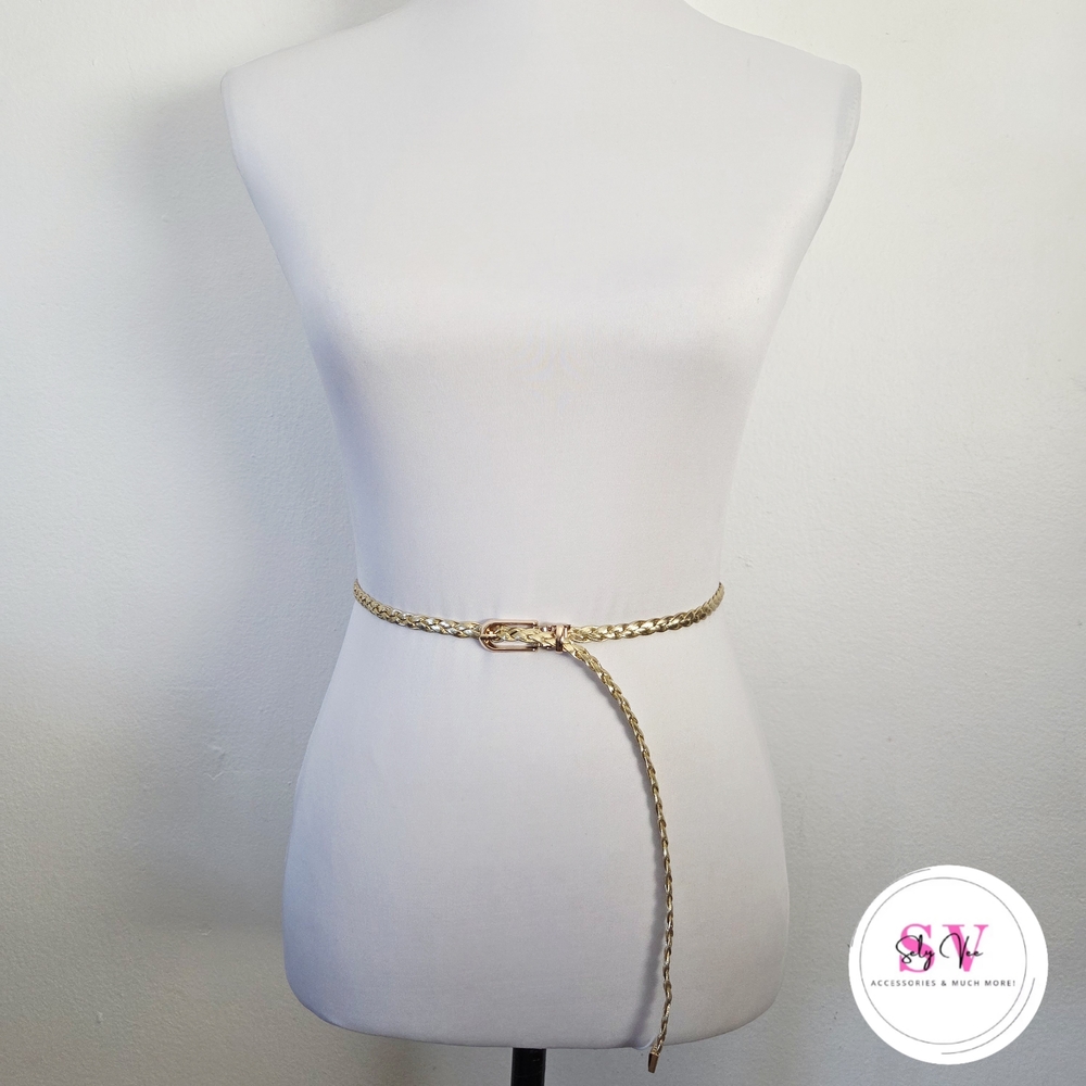 Gold thin braided belt with gold buckle